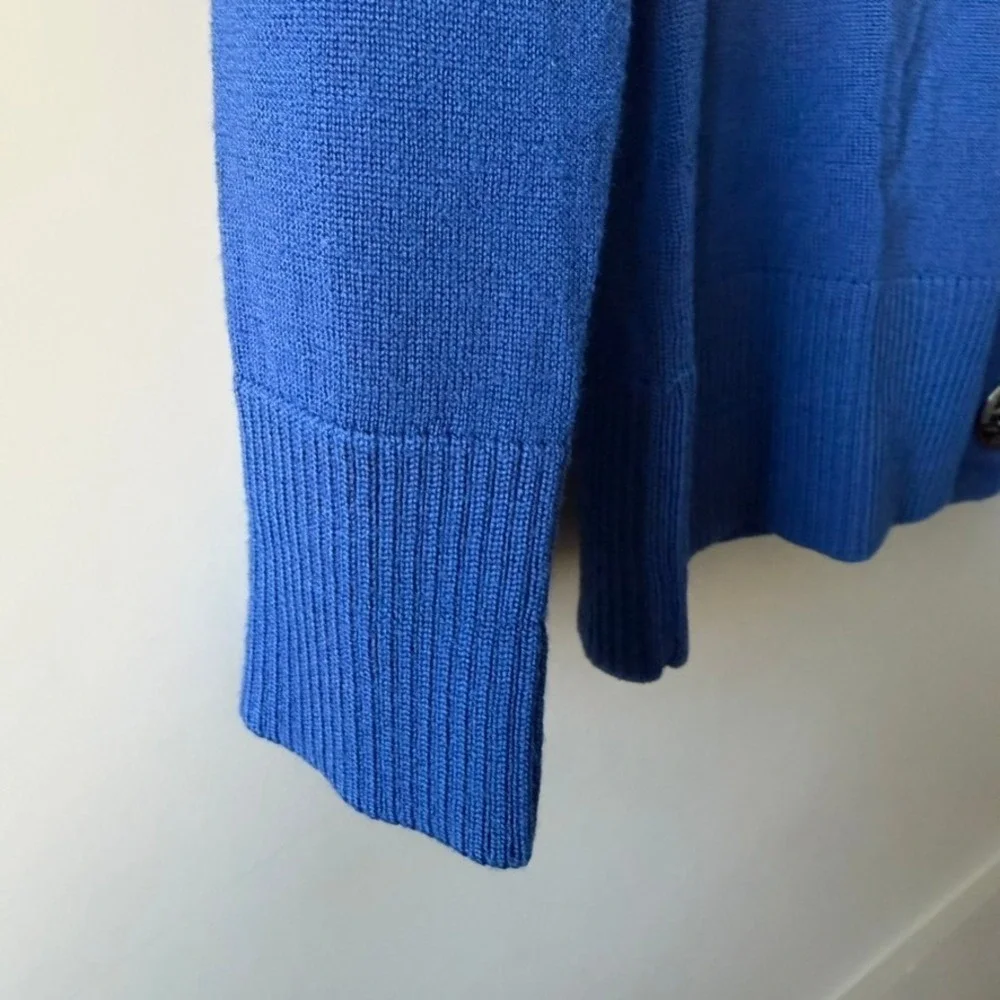 Tory Burch Cardigan Women Large Blue Merino Wool Logo Button V-Neck Sweater